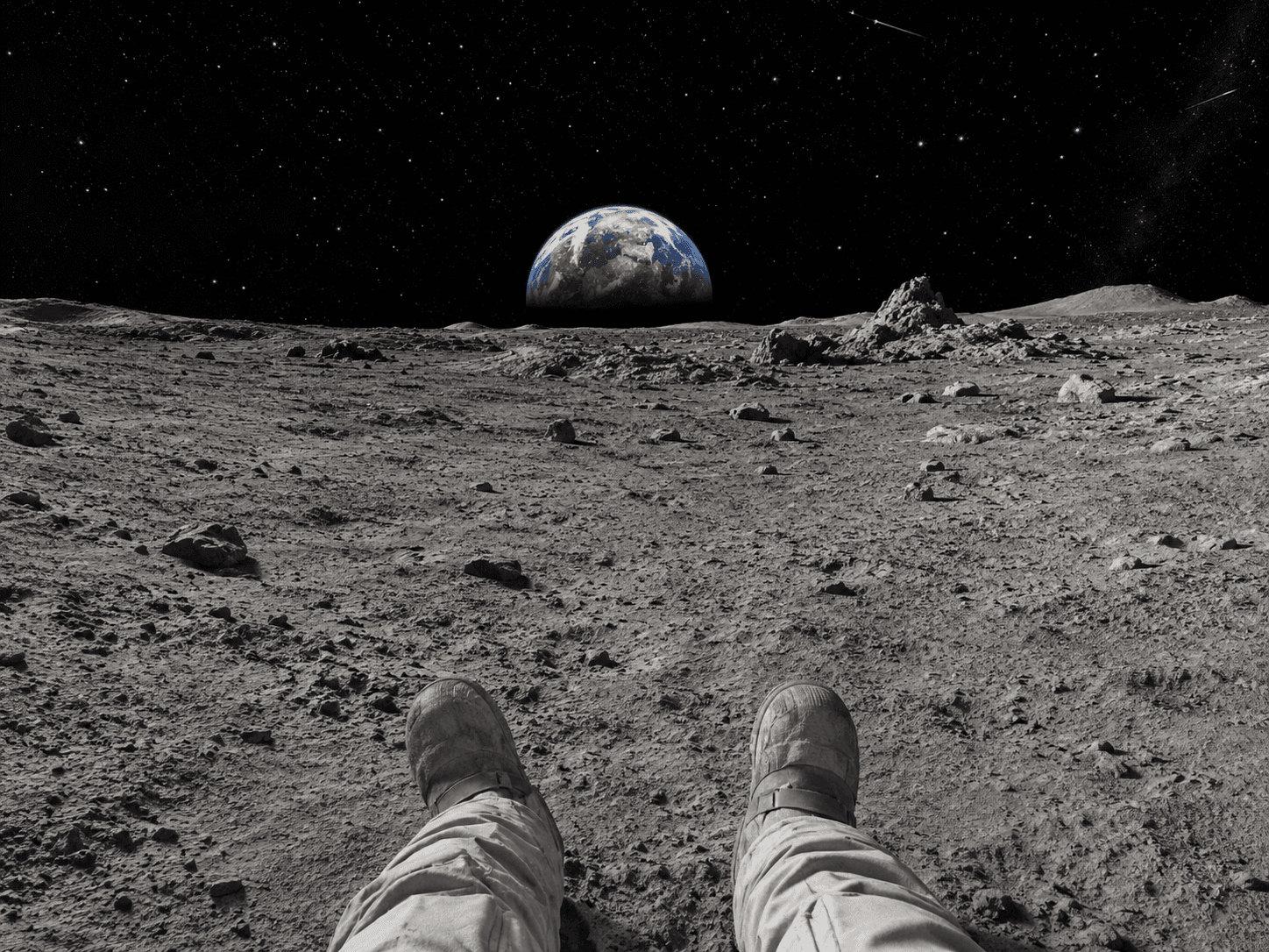 View from the lunar surface: Earth rising over the horizon
